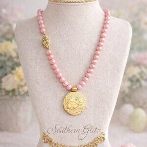 Vintage Style Gold Bunny Medallion Necklace on Blush Pearl Strand